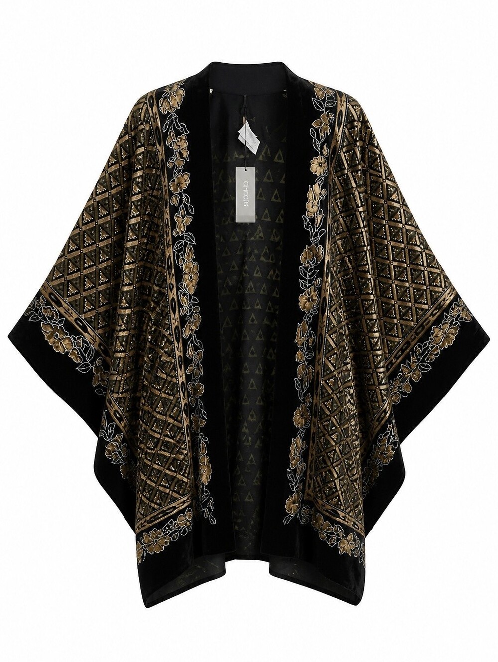 NWT Chico's Black Velvet Burnout Geometric Floral Ruana Open Front Kimono Boho